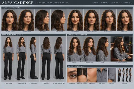 Anya Cadence – character reference sheet (Creative / Filmmaker / Musician / AI Researcher)