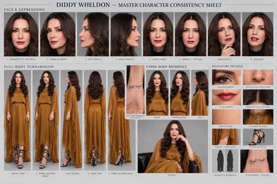 Diddy Wheldon – master character consistency sheet (gold dress), as she appears in Magnificent Remains