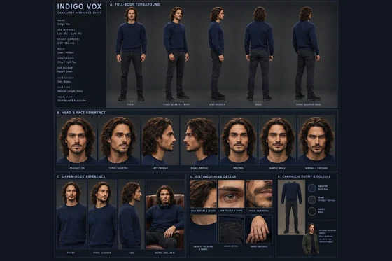 Indigo Vox – AI vocalist, character reference sheet