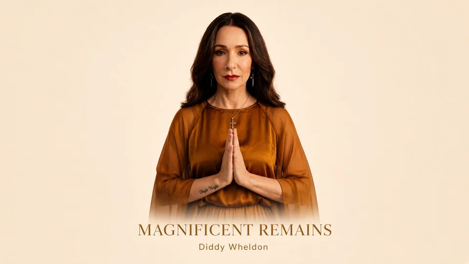 Magnificent Remains title card: Diddy Wheldon praying, in amber, on beige