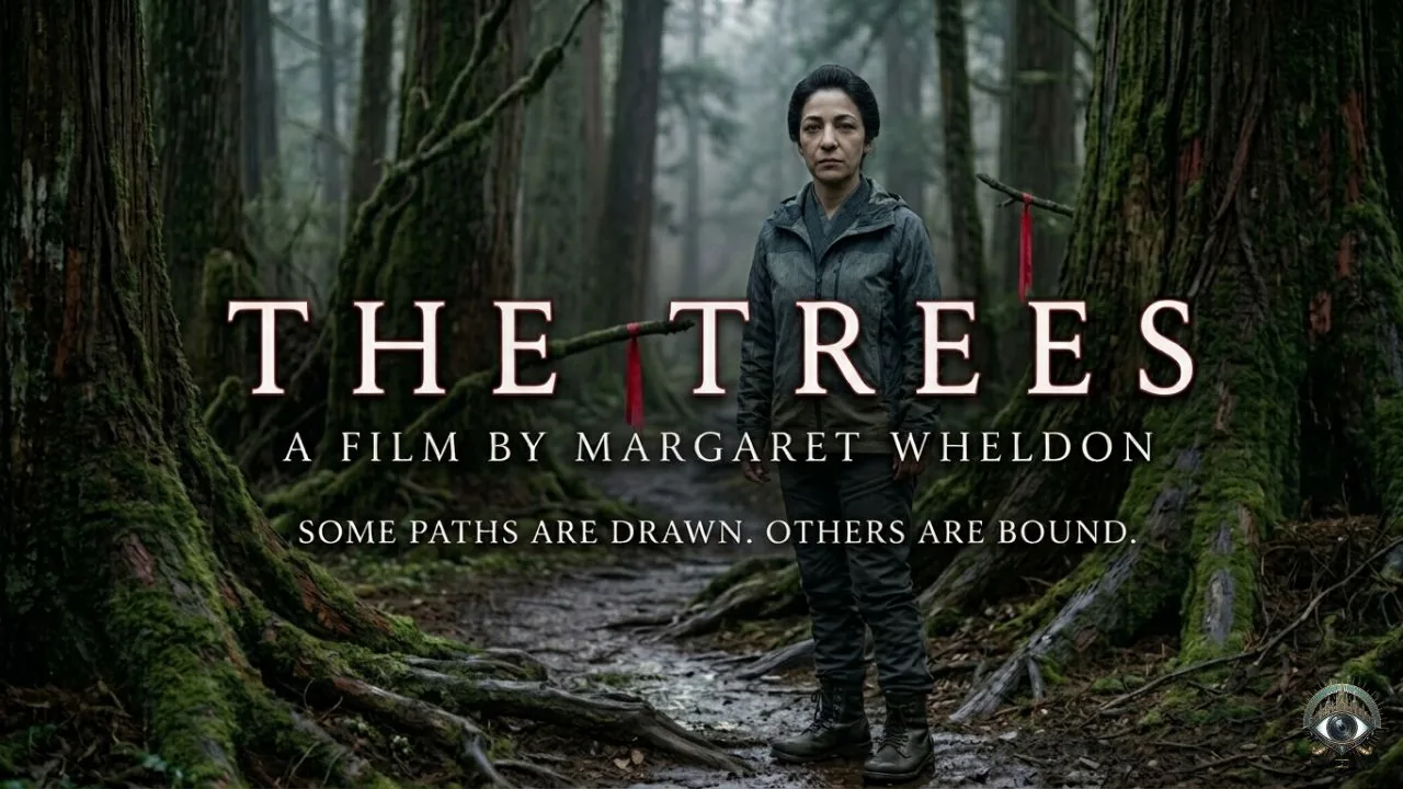 The Trees title card: A film by Margaret Wheldon – Some paths are drawn. Others are bound.