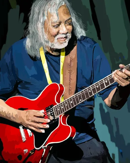 Jimmy Appudurai-Chua playing a red guitar – hand-drawn digital portrait by Diddy Wheldon