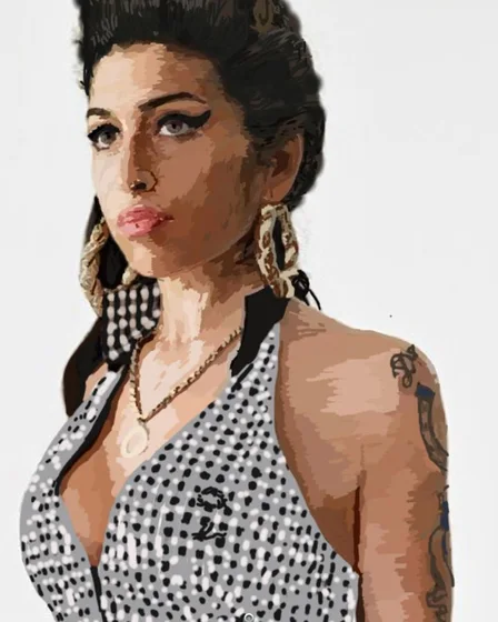 Amy Winehouse in a black-and-white polka-dot dress – hand-drawn digital portrait by Diddy Wheldon