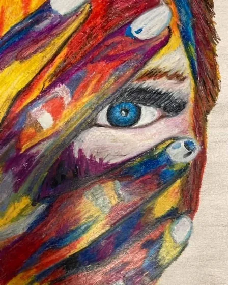 Coloured pencil drawing by Diddy Wheldon: an eye behind a rainbow-painted hand