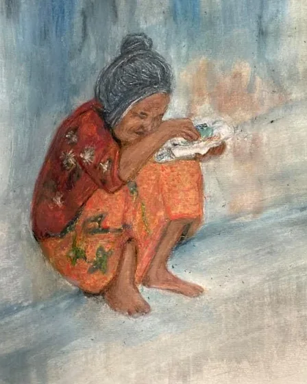 Coloured pencil drawing by Diddy Wheldon: an elderly woman crouching in orange