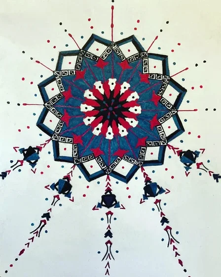 Coloured pencil drawing by Diddy Wheldon: blue and red mandala dreamcatcher