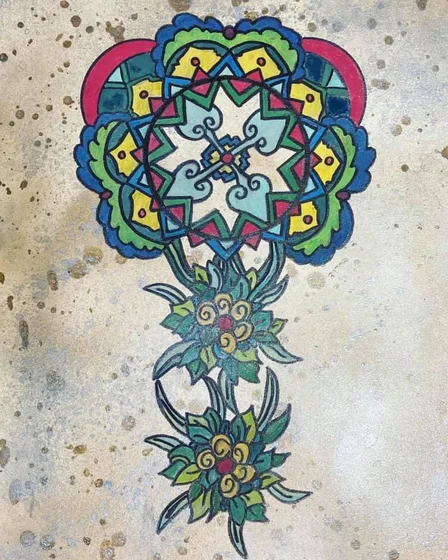 Ink and coloured pencil mandala with flowers by Diddy Wheldon