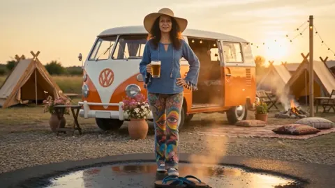 Still from Has the Sun Come Out to Play: Diddy Wheldon with a pint by the VW camper at sunset