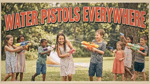Still from Has the Sun Come Out to Play: “Water Pistols Everywhere” postcard card