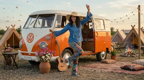 Still from Has the Sun Come Out to Play: Diddy Wheldon dancing by the camper with guitar and flowers