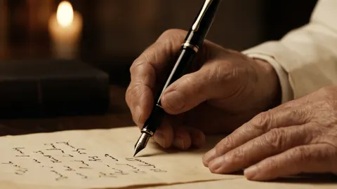 Still from Magnificent Remains: a hand writing with a fountain pen by candlelight