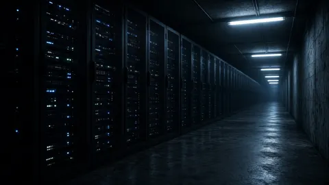 Still from Magnificent Remains: a dark server corridor