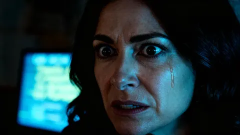 Still from No Splash: close-up of a tearful woman lit by a computer screen