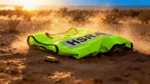 Still from No Splash: a hi-vis vest lying in the dust at sunset