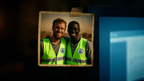 Still from No Splash: a framed photo of two aid workers in hi-vis vests