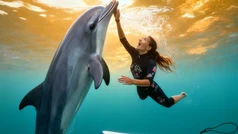 Still from The Sea Candle: reaching up to a dolphin in turquoise water