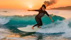 Still from The Sea Candle: surfing a wave at sunset