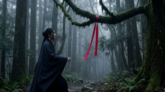 Still from The Trees: a woman in a dark robe walks towards a red ribbon tied to a branch in a misty forest
