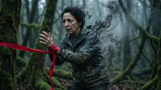 Still from The Trees: the lead character clutching a red ribbon stretched between trees