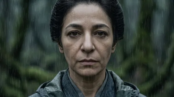 Still from The Trees: close-up of the lead character in the forest