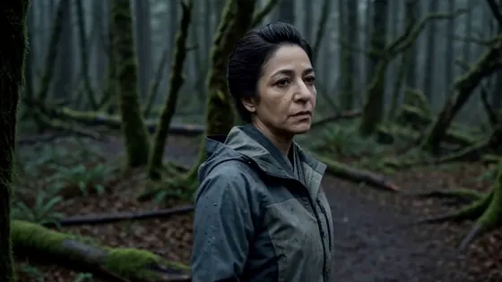 Still from The Trees: the lead character standing on a forest path