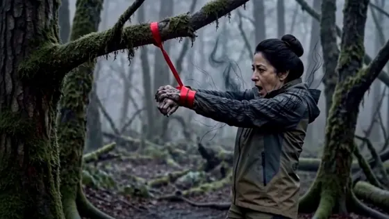 Still from The Trees: the lead character tying a red ribbon to a mossy tree