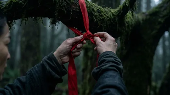 Still from The Trees: hands knotting a red ribbon around a branch