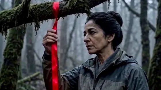 Still from The Trees: the lead character holding a red ribbon on a branch