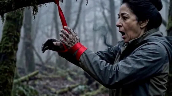 Still from The Trees: the lead character cries out, gripping a red ribbon