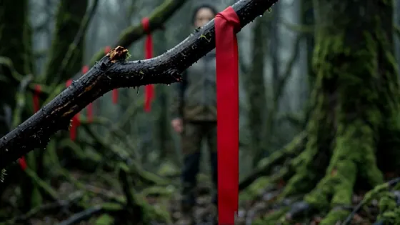 Still from The Trees: red ribbons hanging in the dark forest, a figure in the distance