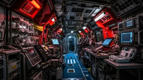 Still from Untethered: a red-lit space station interior