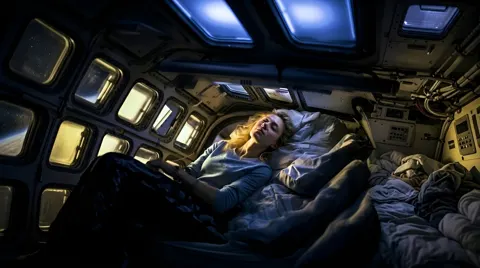 Still from Untethered: crew sleeping in their bunks aboard the station